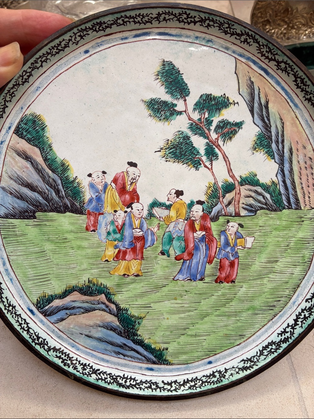 Antique Chinese enamel on brass footed tray